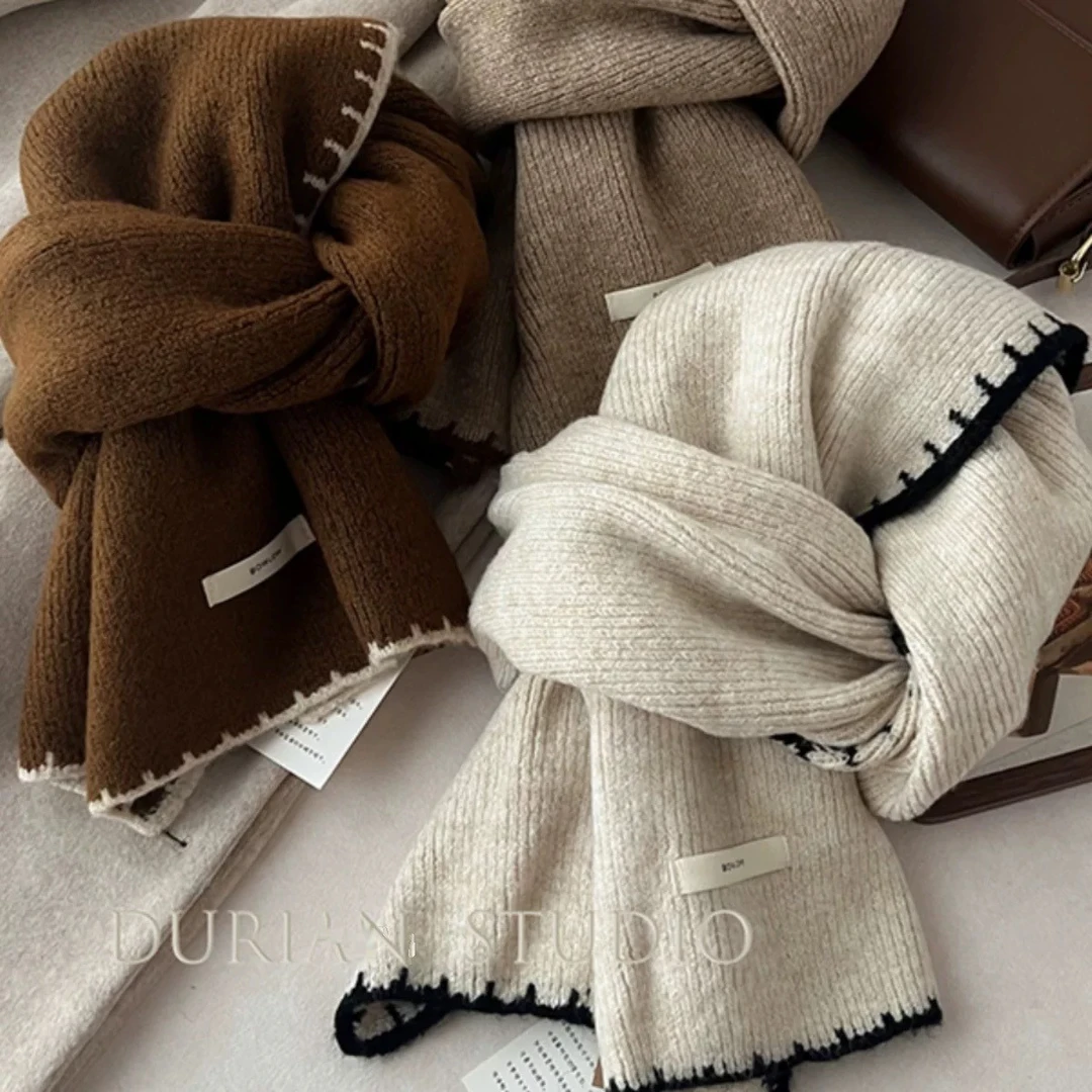 小香风羊毛混纺针织毛线围巾女冬季学生情侣保暖百搭高级围脖