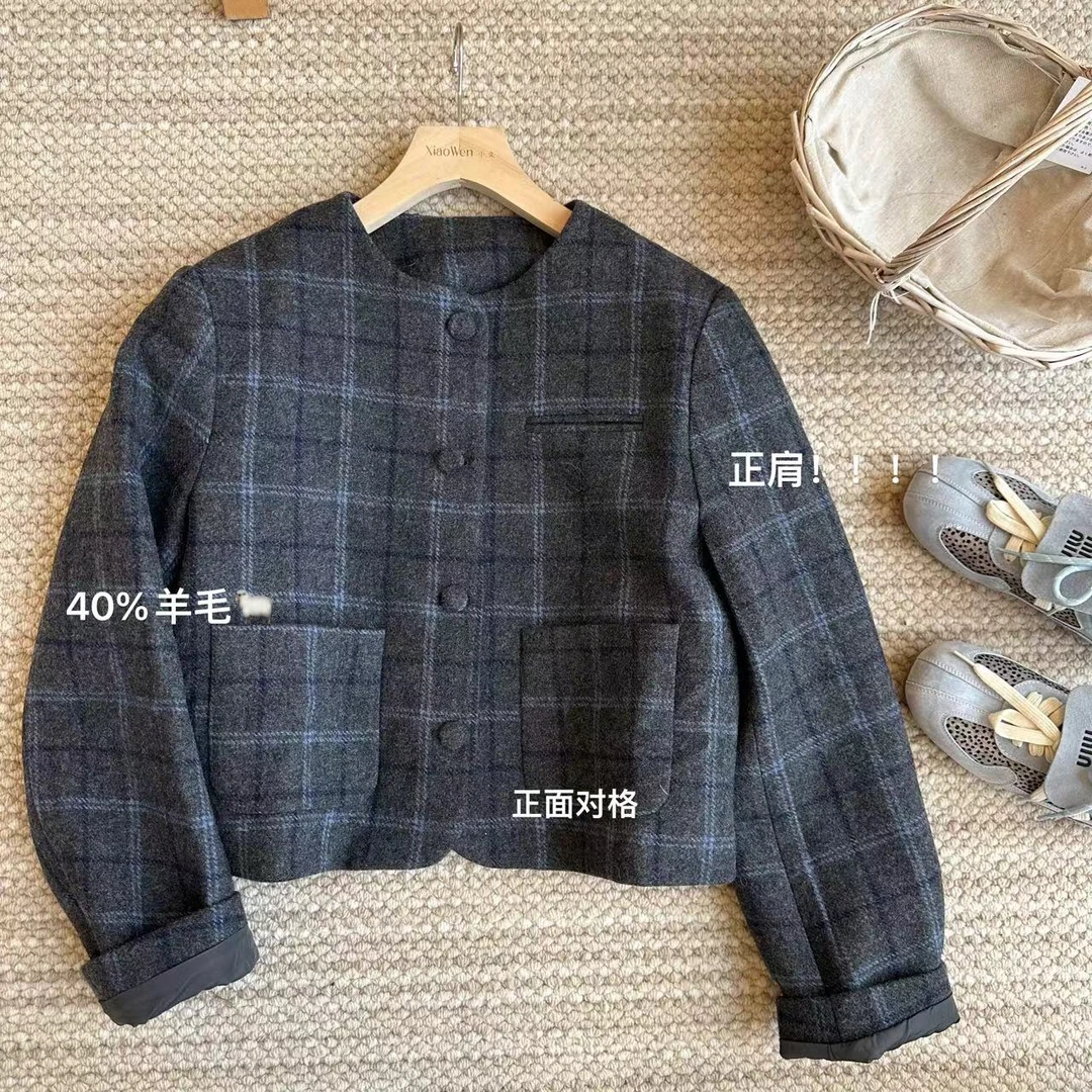 小文姐 W0567-秋冬韩版气质格子单排扣休闲时尚毛呢外套小个子
