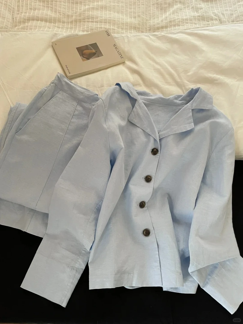 【DMXJ大梦想家】韩系ins设计甜美纯色长袖裤睡衣女春款开衫家居服