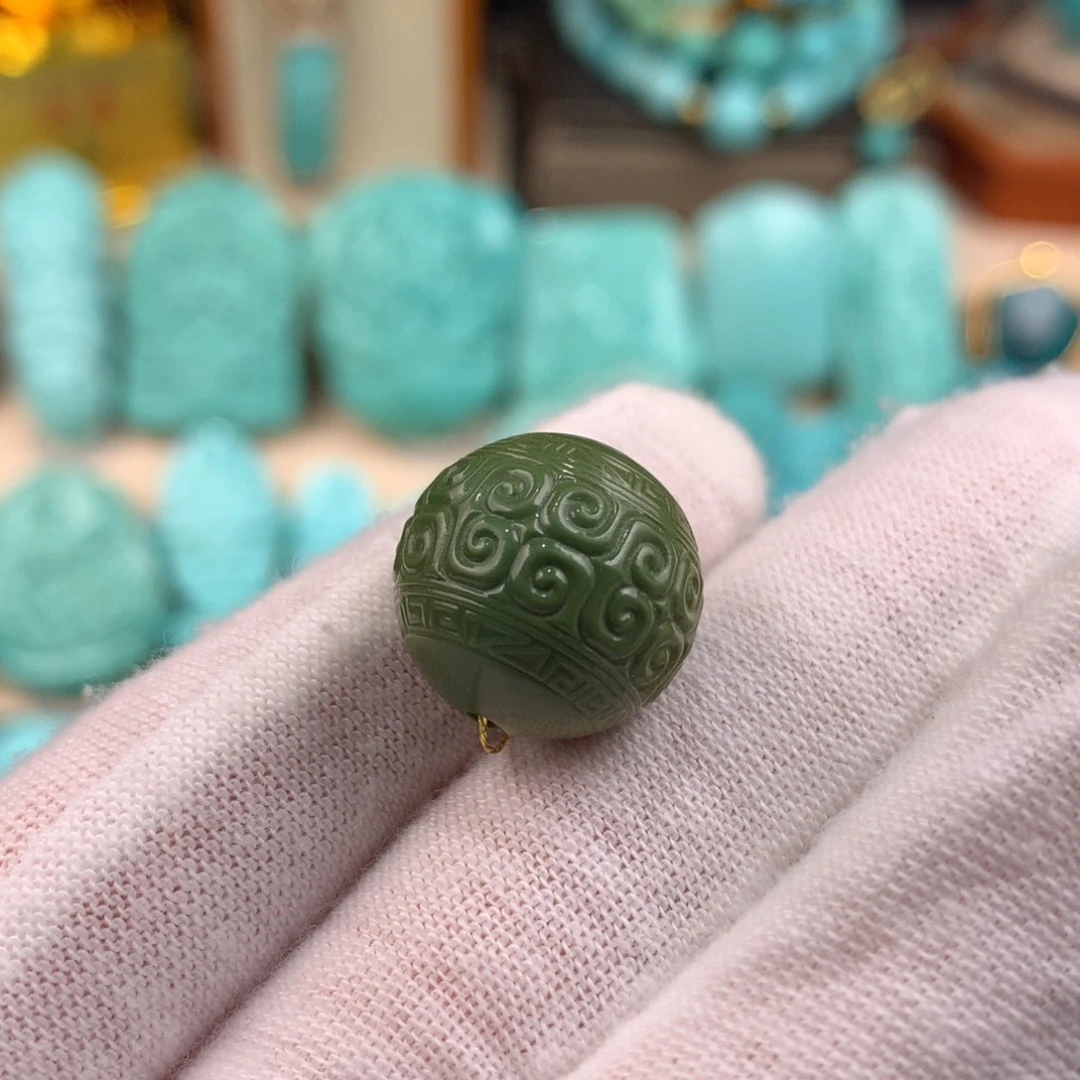 绿松石未镶嵌回纹圆珠卡15.5