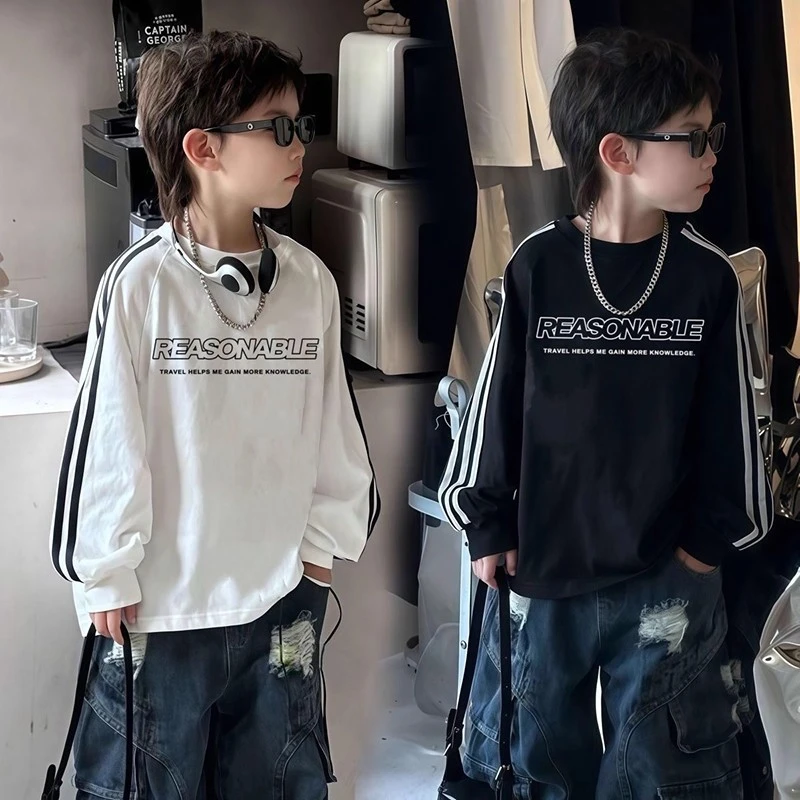 儿童春秋装纯棉长袖2025新款中小童洋气上衣三条杠男孩童装T恤潮