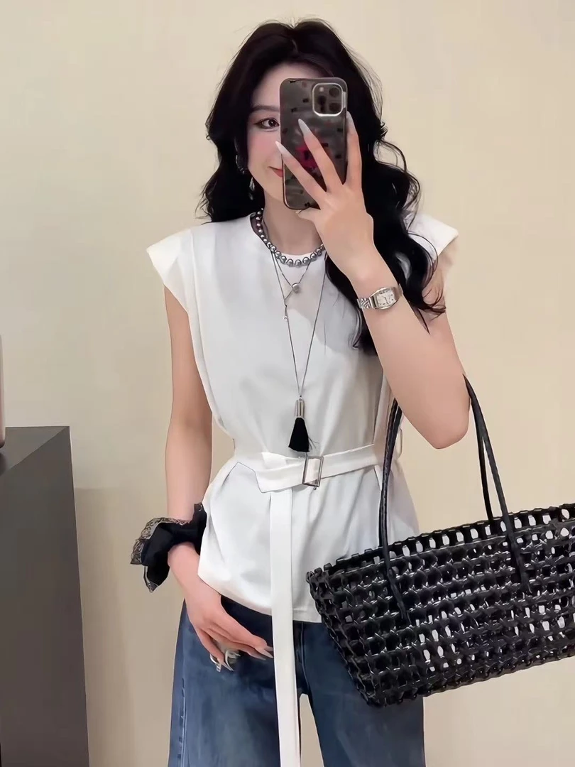 简约带腰带垫肩气质上衣1775