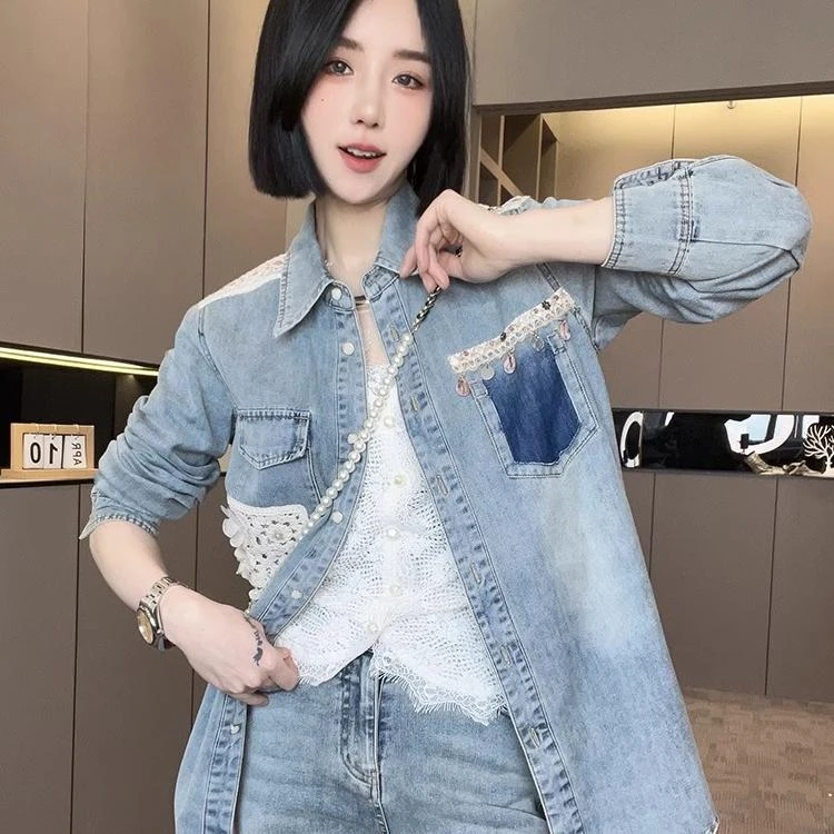 水洗牛仔衬衫外套女2025春新款蕾丝口袋牛仔服翻领单排扣长袖上衣