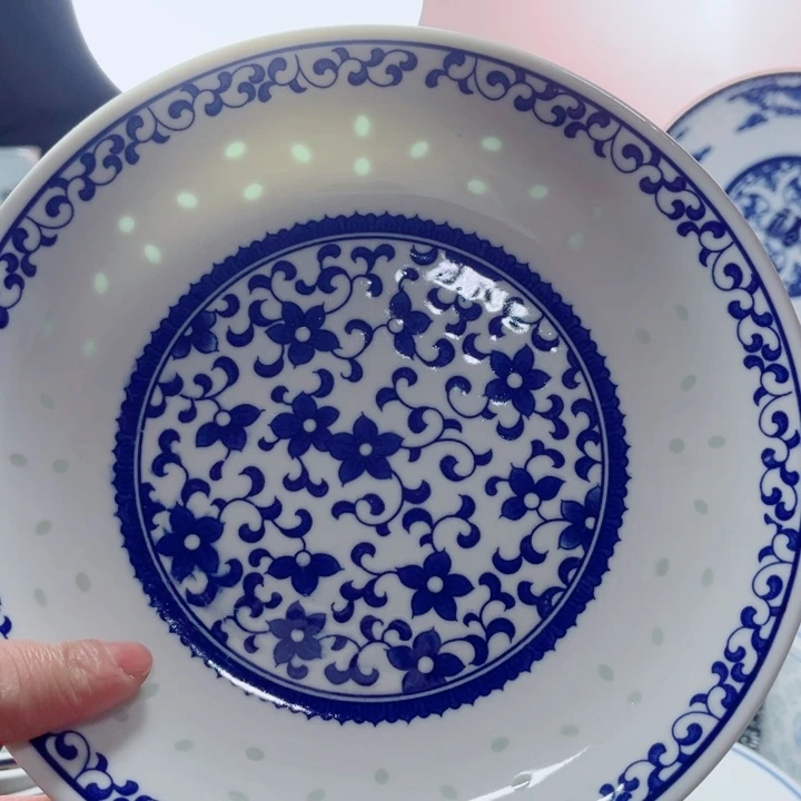 青花玲珑8寸窝盘紫荆花