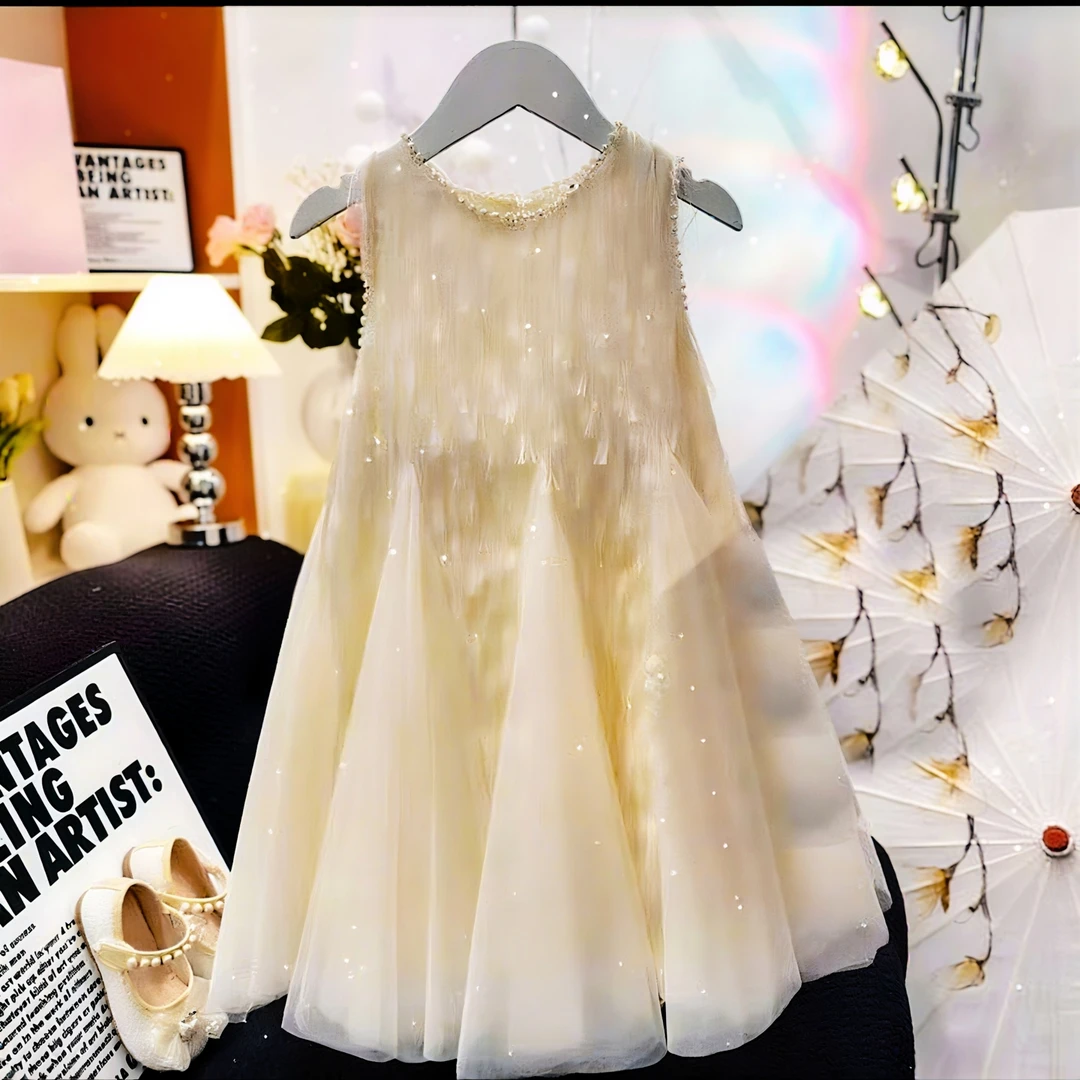 夏日新款女童中大童洋气时尚白月光无袖气质儿童流苏珍珠连衣裙