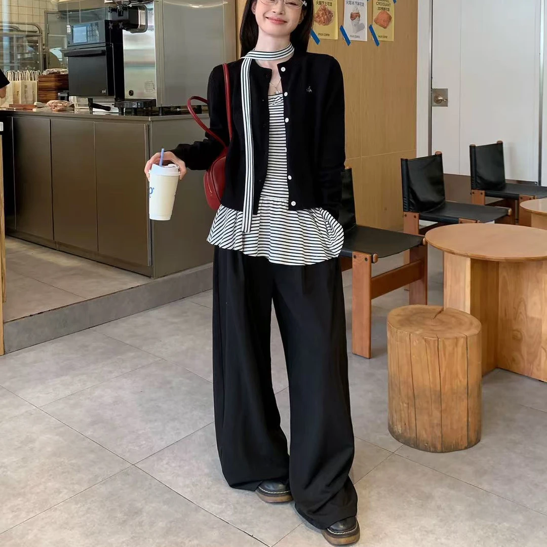 设计感开衫吊带背心高腰阔腿裤三件套秋季新款时尚显瘦休闲穿搭