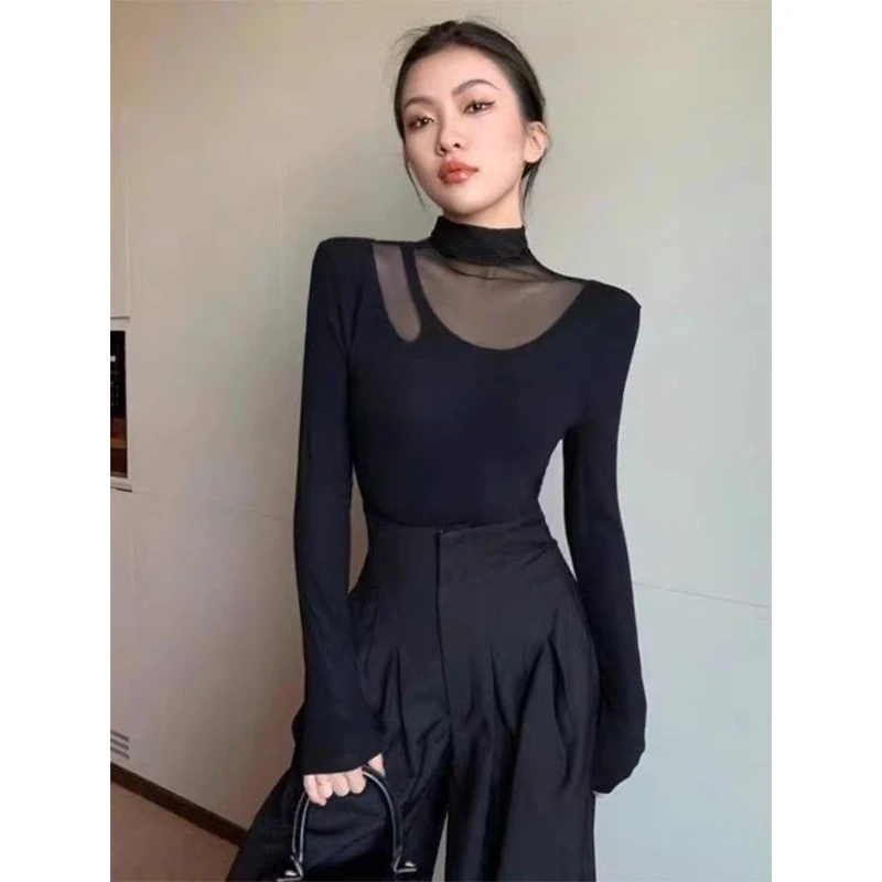 半高领黑色打底衫女春秋修身内搭长袖t恤洋气百搭网纱性感上衣