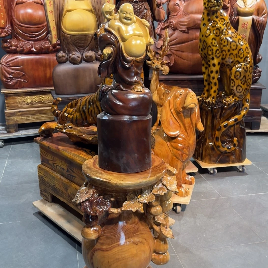 海***伏木香樟木实木雕刻葫芦加弥勒