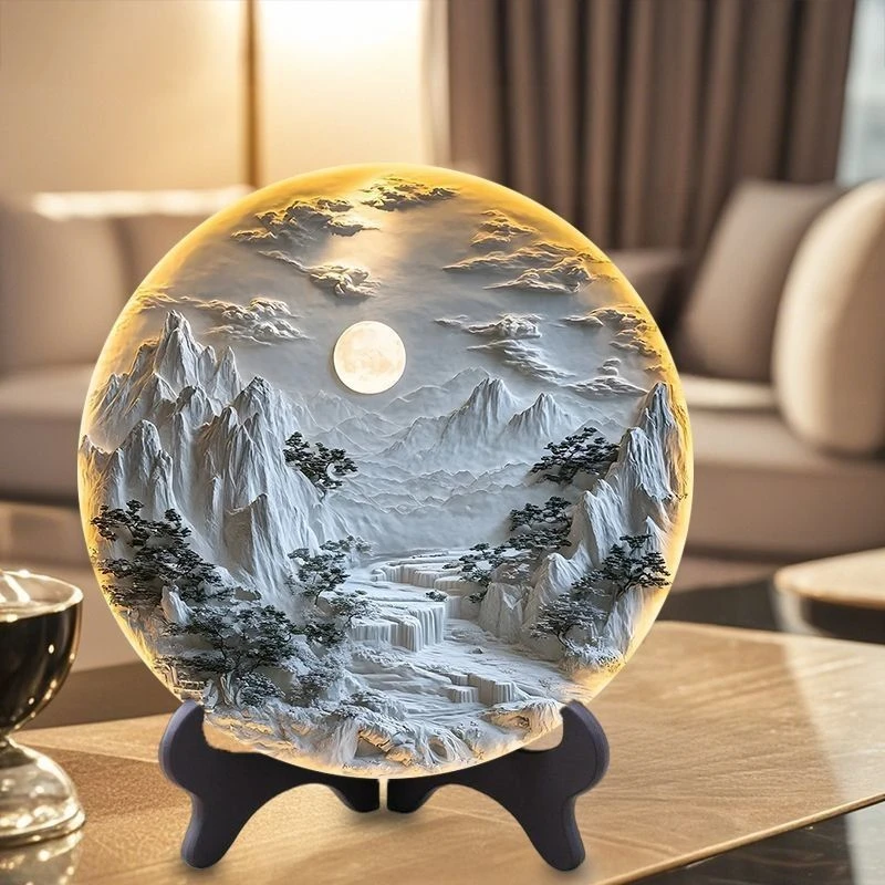 【欧如风】浮雕壁画立体感图片紧致圆盘摆台新中式客厅书房创意FDD