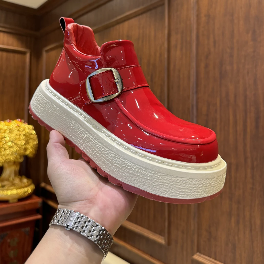 男鞋冬季印花漆皮亮面英伦风短靴加绒保暖棉鞋厚底休闲雪地靴子