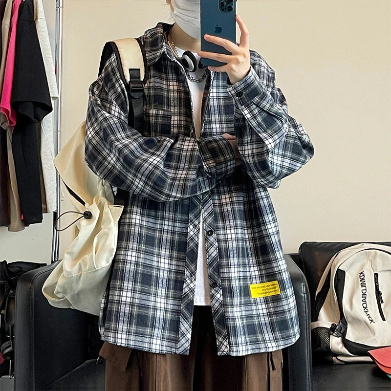 秋季外套男衬衫2025新款时尚休闲宽松潮流百搭复古格子大码男衬衫