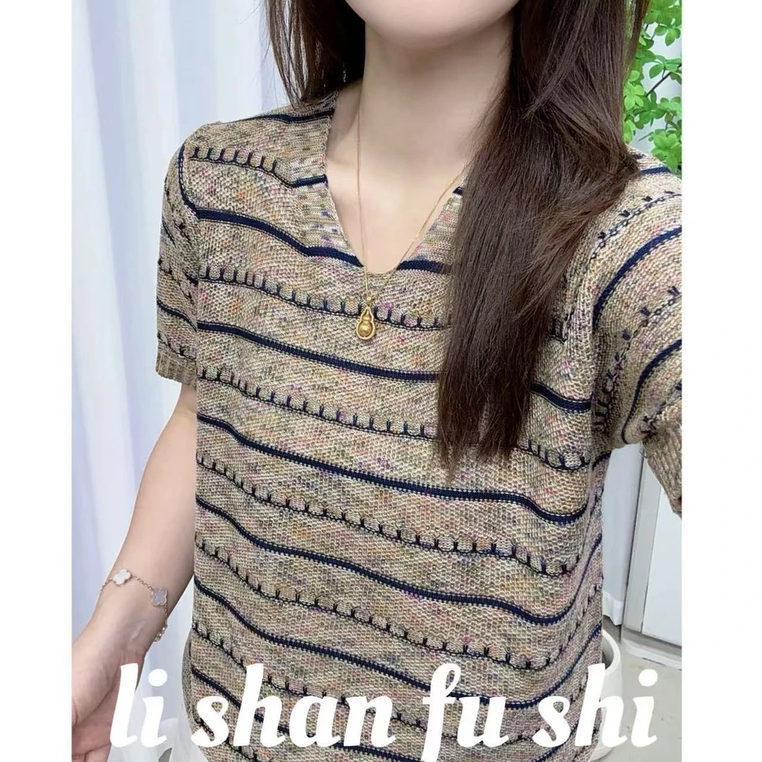 短袖条纹针织套头宽松百搭打底2025夏薄款休闲针织衫女T恤上衣