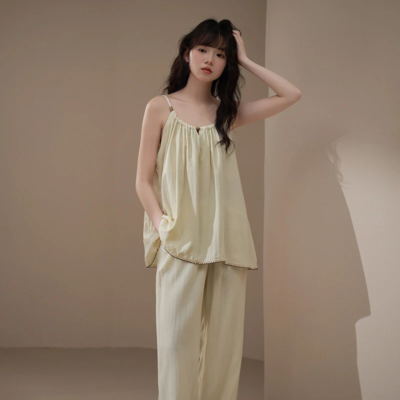 思莉太太【生活碎片】纯棉睡衣女夏季吊带长裤薄款棉纱布夏天家居服