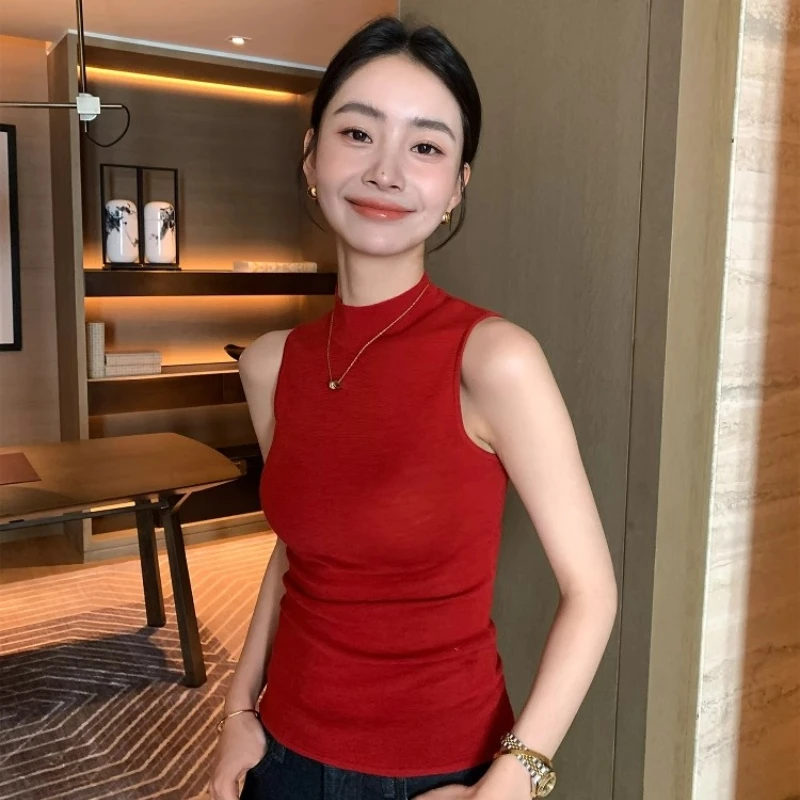 轻奢高级红色紧身外穿吊带背心女2025夏季新款半高领无袖内搭上衣