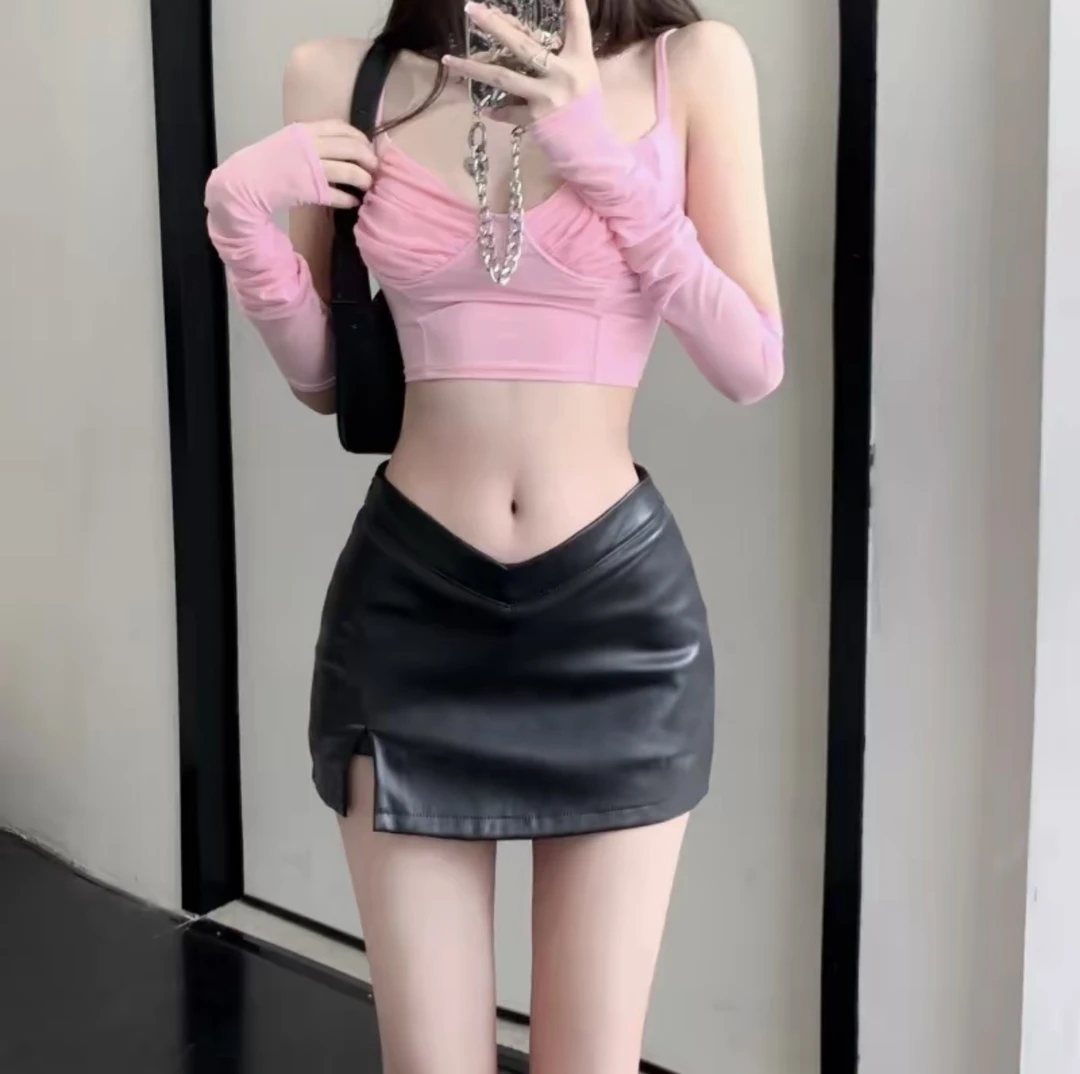辣妹小个子皮裙女秋季穿搭PU包臀裙子短小皮裙开叉XS短裙150cm