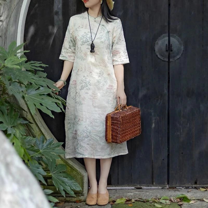 中年妈妈气质裙子女夏季2025新款高端苎麻刺绣连衣裙复古改良旗袍