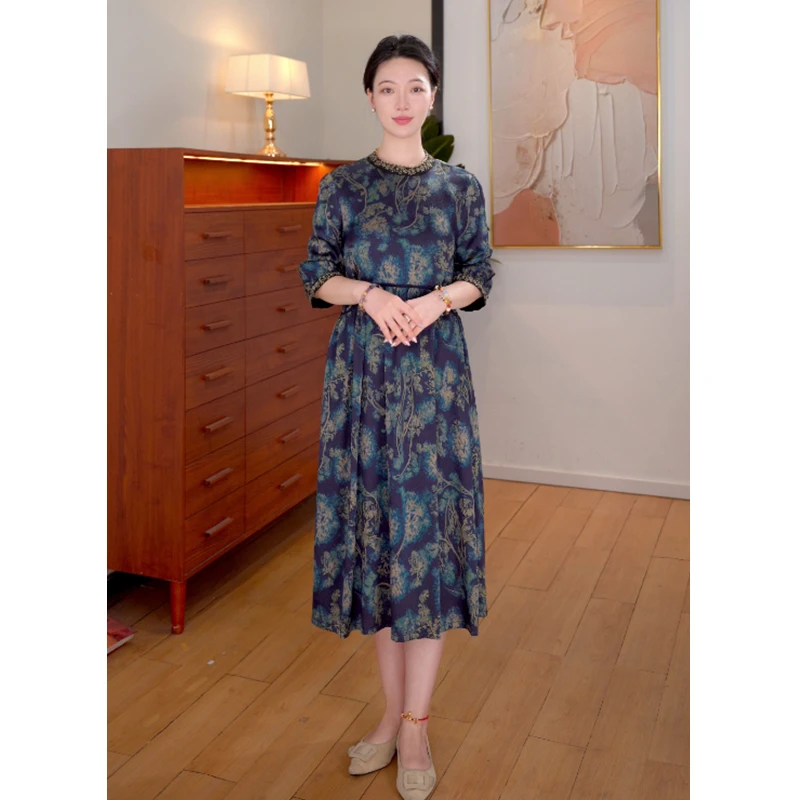 2025夏季时尚浪漫大牌杭州真丝连衣裙女气质妈妈桑蚕丝裙子