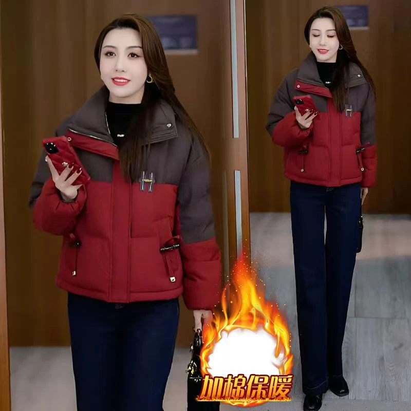 短款棉服立领拼接字母棉衣时尚气质减龄宽松女士冬季加厚大码外套