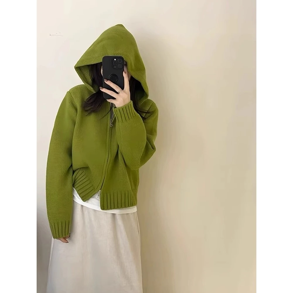 高级感双拉链连帽针织开衫女秋冬独特别致短款毛衣外套松弛感上衣