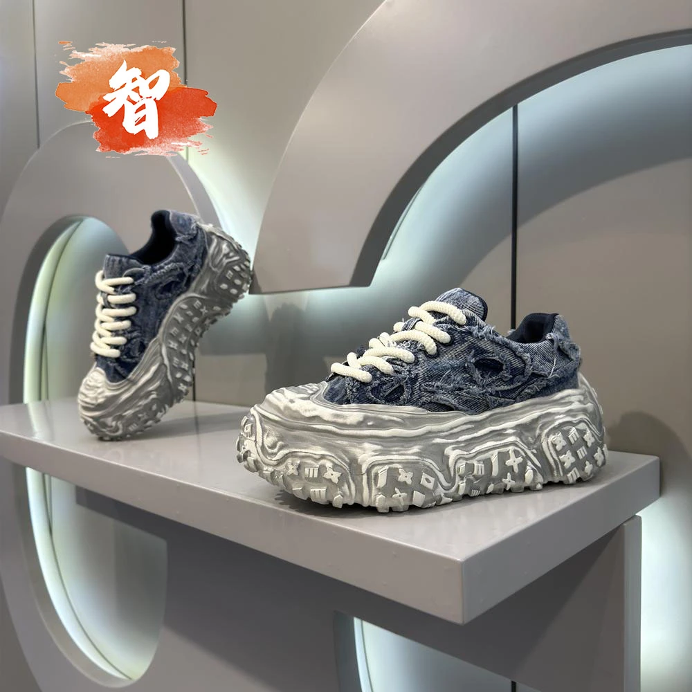 小智家2025新款老爹复古韩版ins帆布鞋增高厚底牛仔做旧百搭男鞋