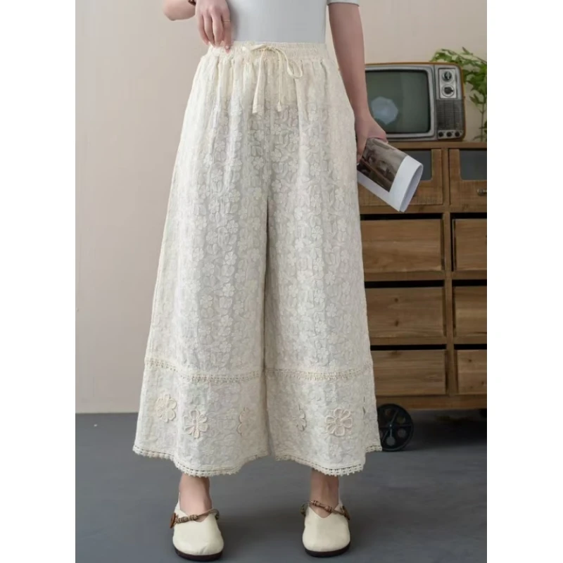 2025夏季新款休闲大码女阔腿裤小花朵九分裤显瘦24269