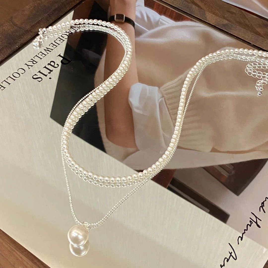 铜合金仿珍珠项链 镀K金 戴妃珠珠 双层不可拆卸法式项链X8005