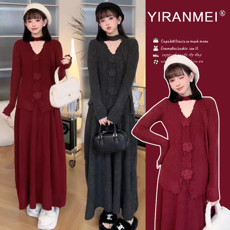 孕妈穿搭~2026冬季新款网红气质氛围感红色花朵毛衣+半身裙两件套