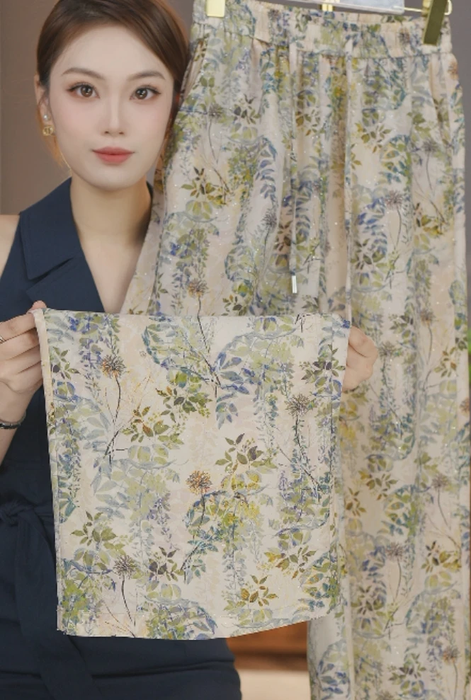 简约时尚印花裤2025夏季新款气质百搭松紧高腰宽松直筒裤-可乐