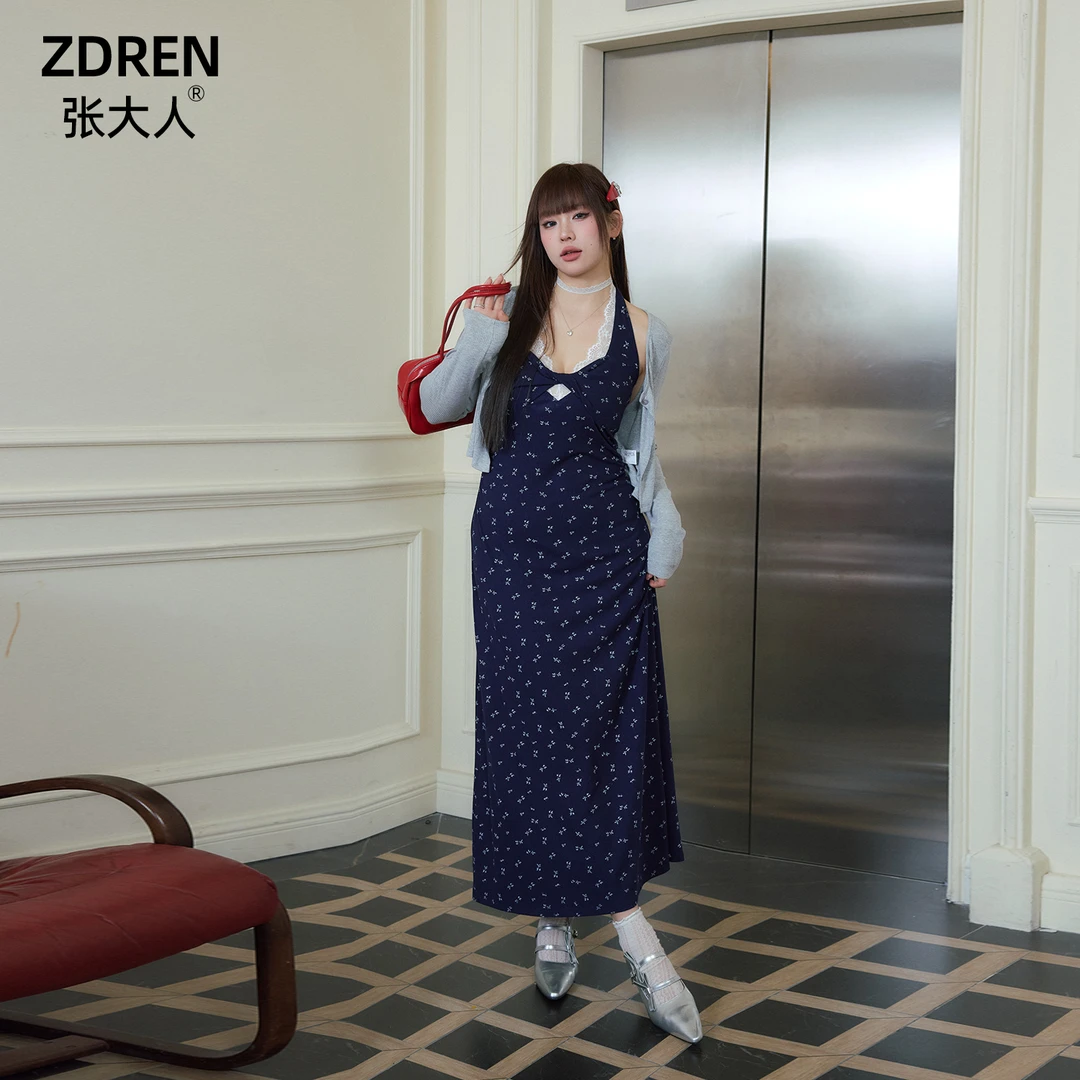 张大人【黑夜繁星】大码女装微胖妹妹韩女氛围感挂脖碎花长裙套装