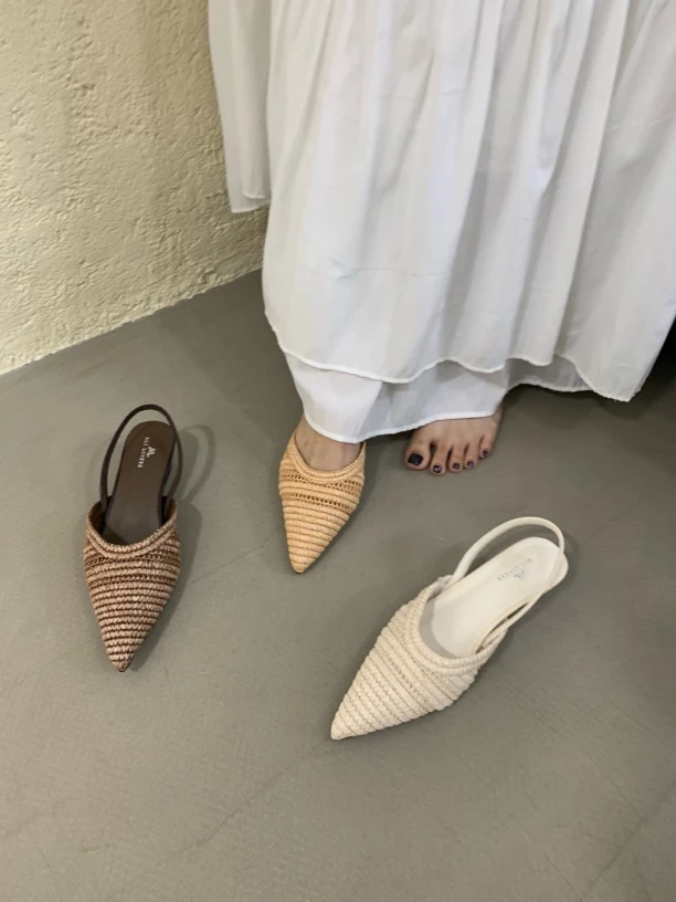 梦梦家 Y69-789 时髦外穿中跟凉鞋坡跟草编镂空透气包头半拖鞋女