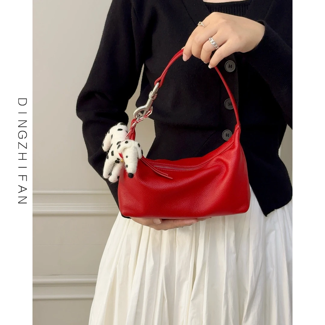 定制范 红色真皮手提饭盒包2025新款轻奢小众高级感斜挎包饺子包