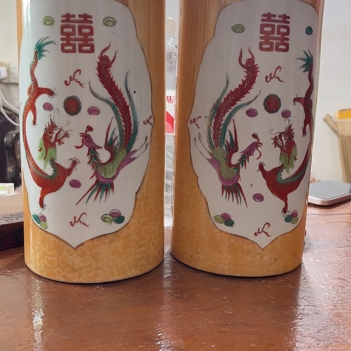 搪瓷老*龙凤承祥帽筒一对