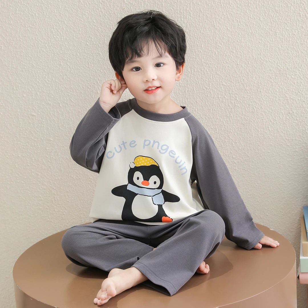 2025新款儿童睡衣男宝宝春秋长袖企鹅男童纯棉家居服男孩秋款套装