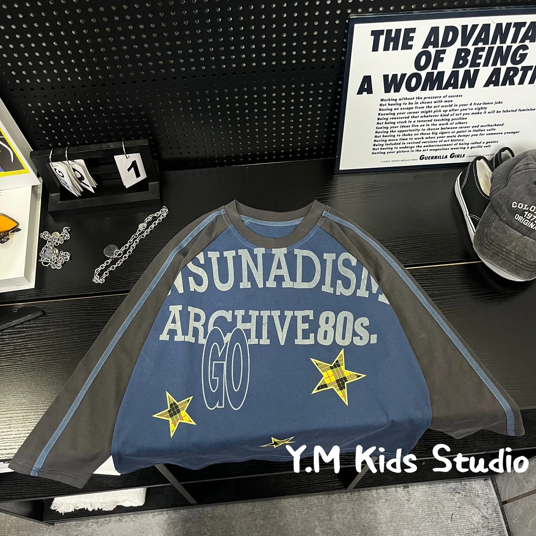 【Y.M KIDS】2025秋季新款儿童插肩袖长袖T恤拼色男童上衣T恤