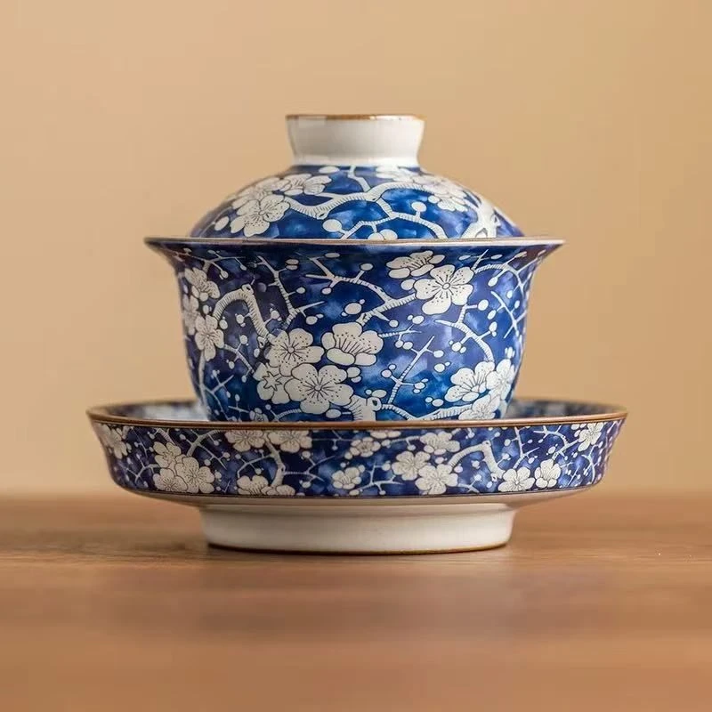 仿宋汝窑青花冰梅_元宝大三才盖碗【简装】