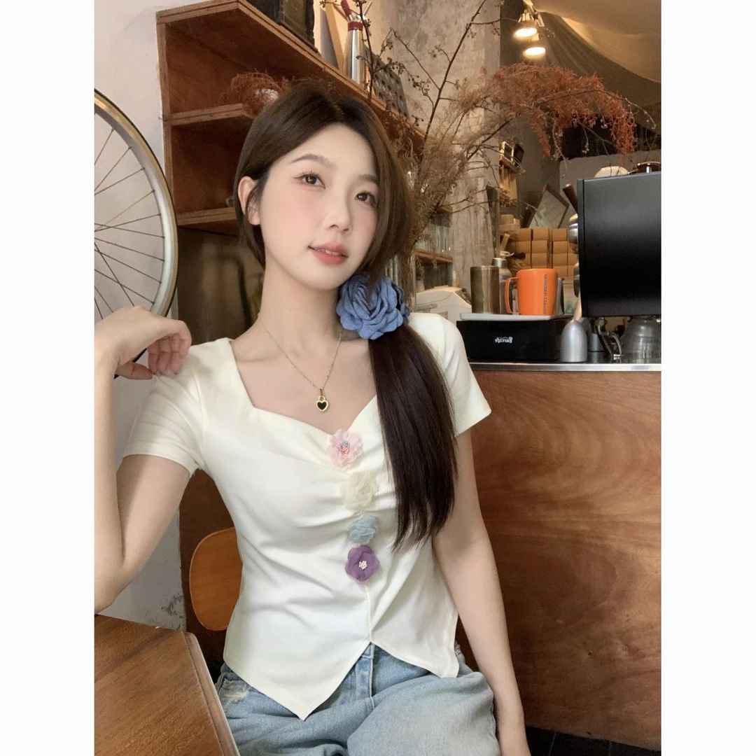 纯欲辣妹风短袖T恤女韩系花朵方领褶皱纯欲风修身显瘦小众T恤潮
