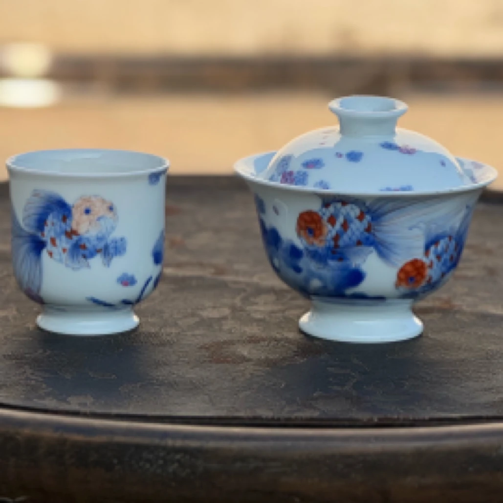 【刷刷甄选】青时集丨青花斗彩金鱼盖碗套组丨