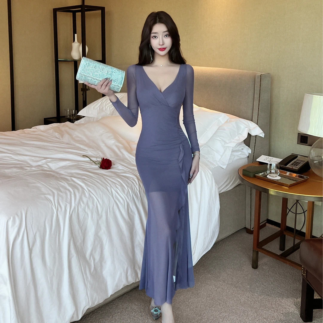 夜总会足浴工作服柔式技师按摩spa长裙性感网纱开叉长袖连衣裙女