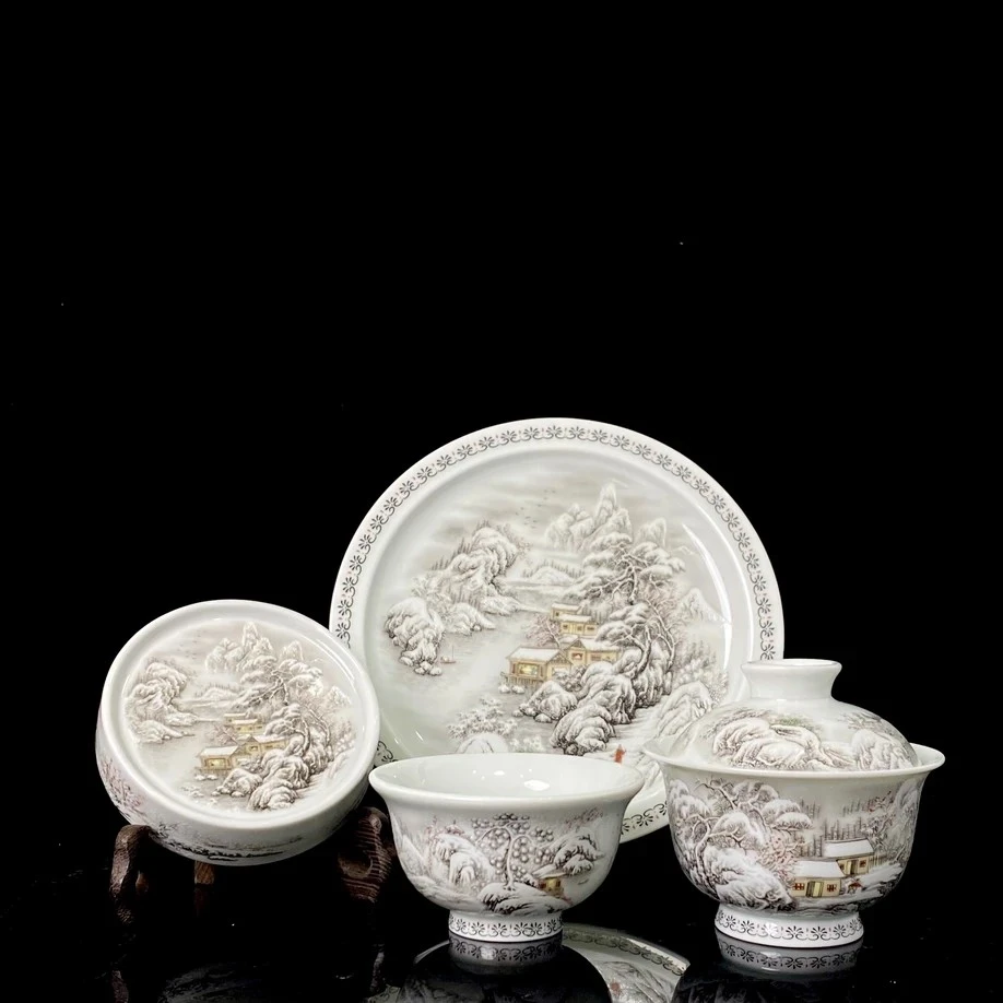 景德镇高温陶瓷点工雪景瑞雪兆丰年四件套高端茶器送礼自用套装