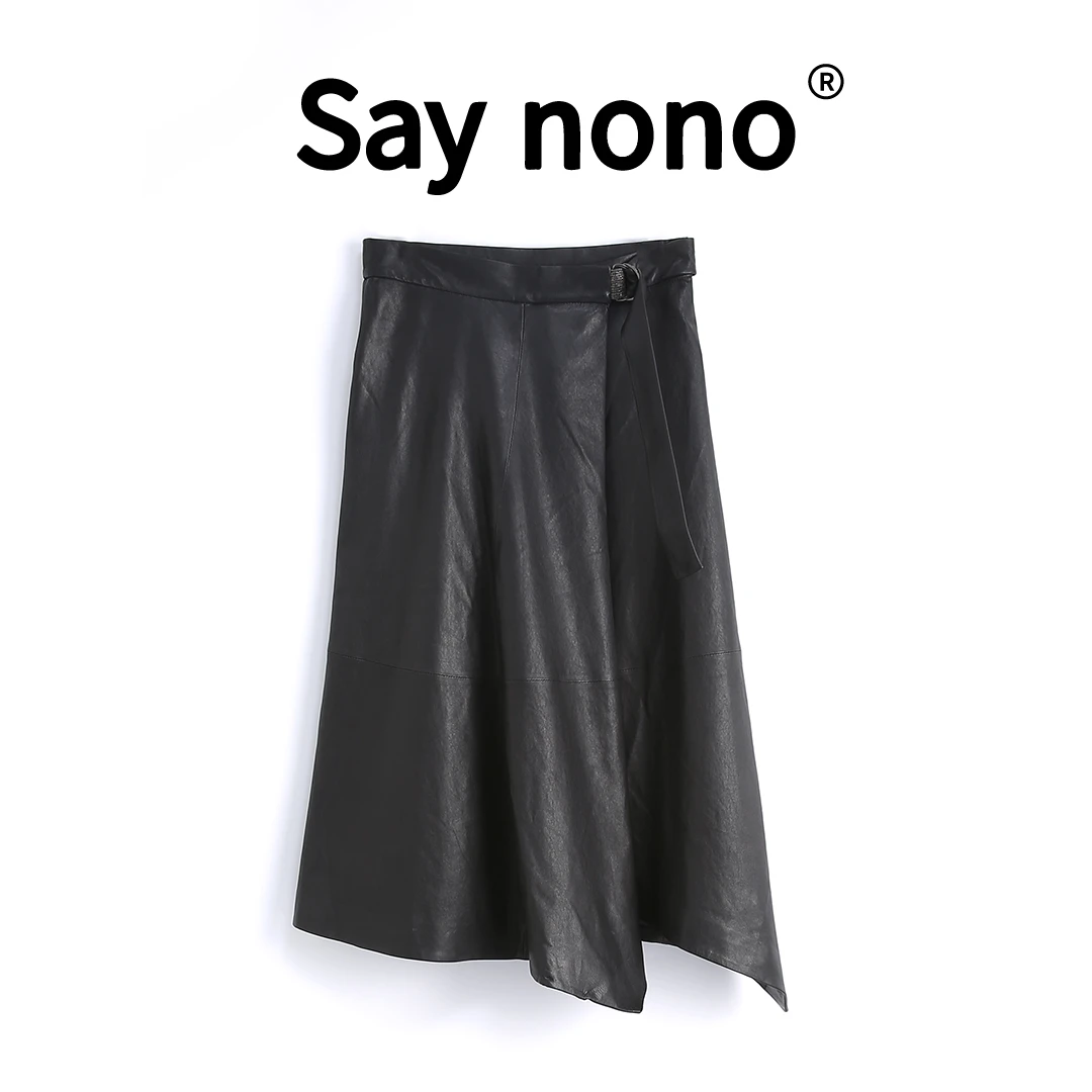 懒猫nono│Saynono 不规则＿设计款百搭气质A字羊皮半身裙 /B054