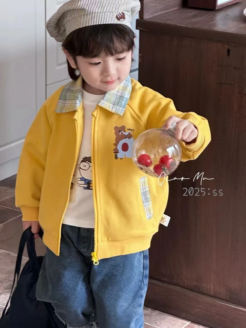 2025春款新款男童黄色印花小熊棒球外套中小童男童外套