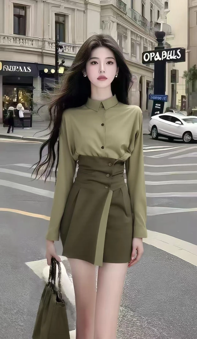 时尚高端大气轻奢休闲通勤风绿色长袖高腰修身不规则显瘦连衣裙女