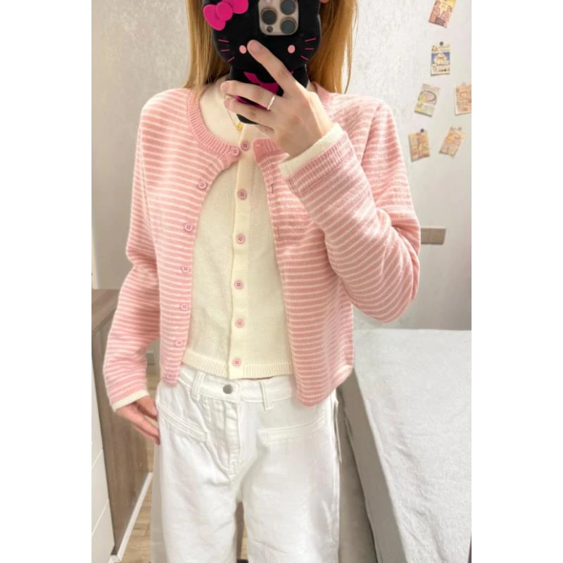 早秋韩系流行穿搭粉色假两件条纹针织开衫女外搭短款毛衣外套上衣
