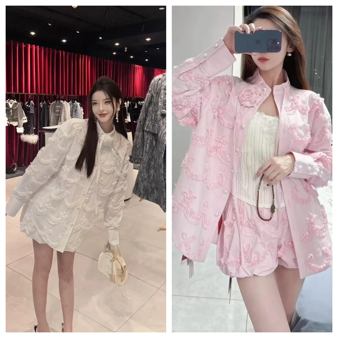 芭蕾风粉色绣花重工钉珠设计感气质长袖衬衫25春款套装
