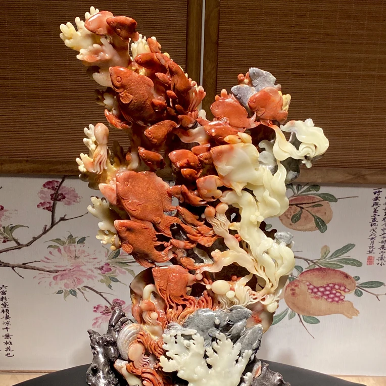 寿山石大摆件年年有鱼精品高货天然一体雕大摆件收藏级玄关摆件