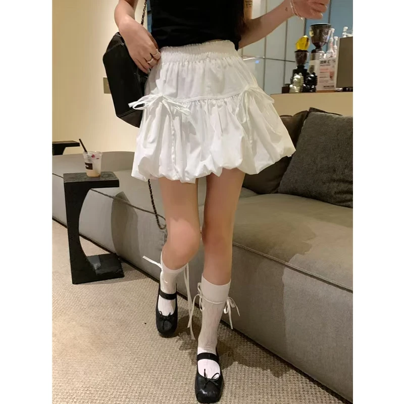 蝴蝶结白色半身裙女夏季云朵蓬蓬裙纯欲甜美花苞裙松紧高腰短裙子