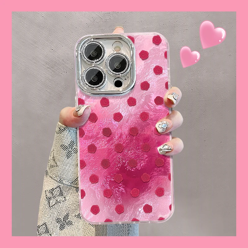 粉色玫瑰适用苹果iPhone16华为vivo小米oppo精孔冰川纹手机壳