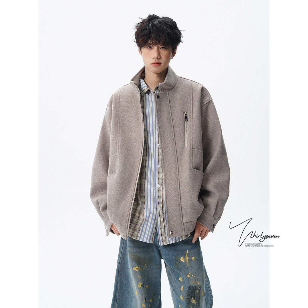 V37美式重磅拉链设计感毛呢外套男秋季潮牌立体解构宽松工装夹克