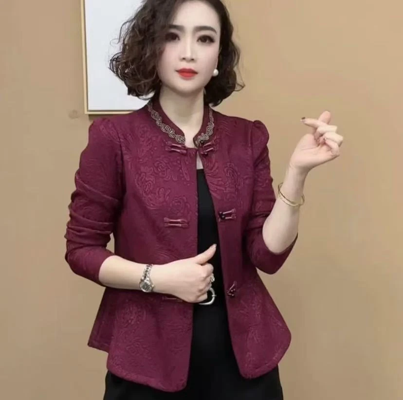 开衫款加绒-2024新款时尚显瘦气质长袖立领提花刺绣国风百搭上衣