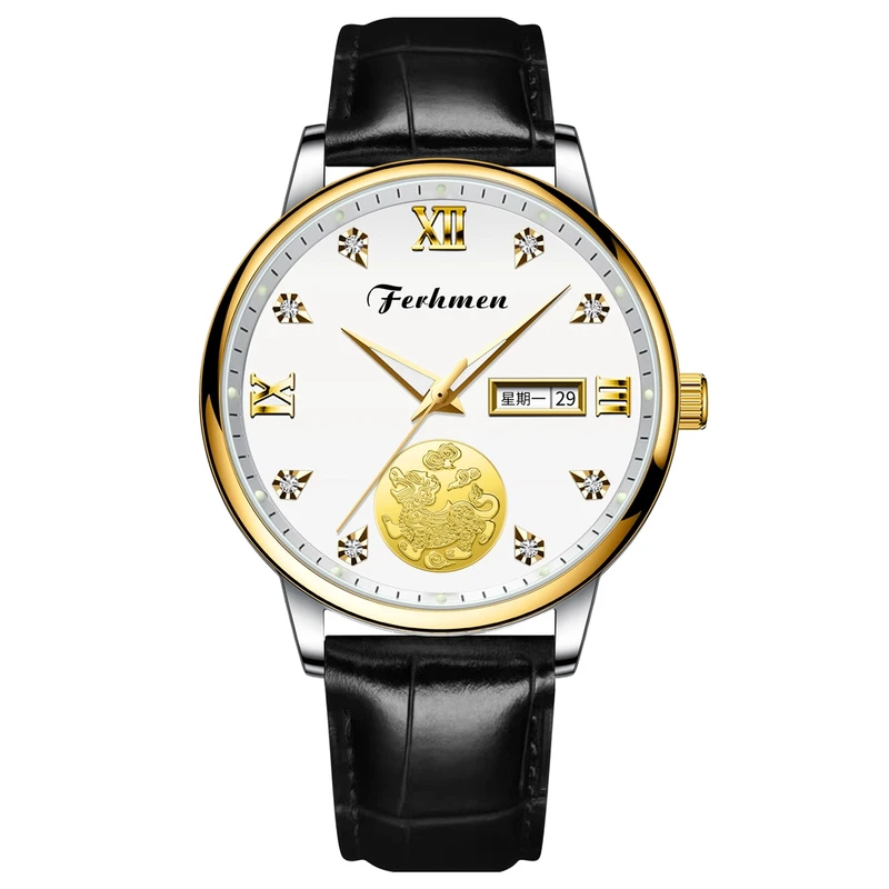 金麒麟双日历商务防水男士全自动表F8500-1